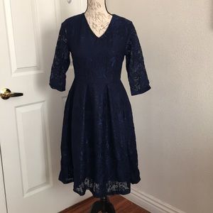 Plus Size V Neck Lace Dress Navy